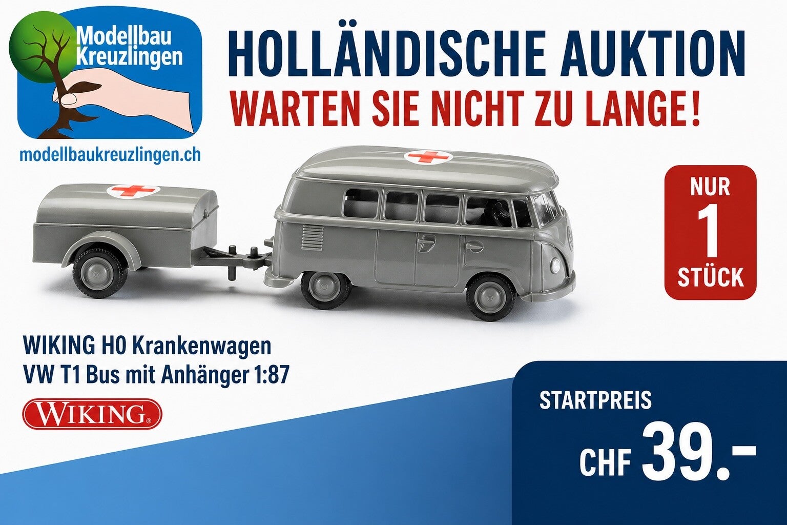 WIKING H0 Krankenwagen VW T1 Bus mit Anhänger