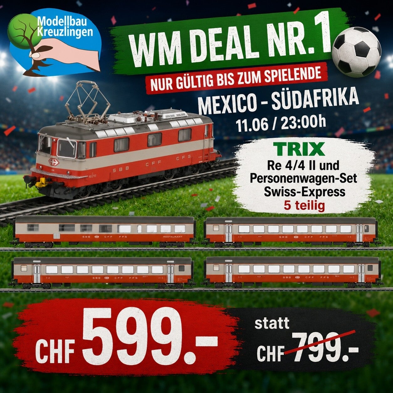 TRIX H0 E-Lok Re 4/4 II und Personenwagen Set Swiss Express Total 5-teilig
