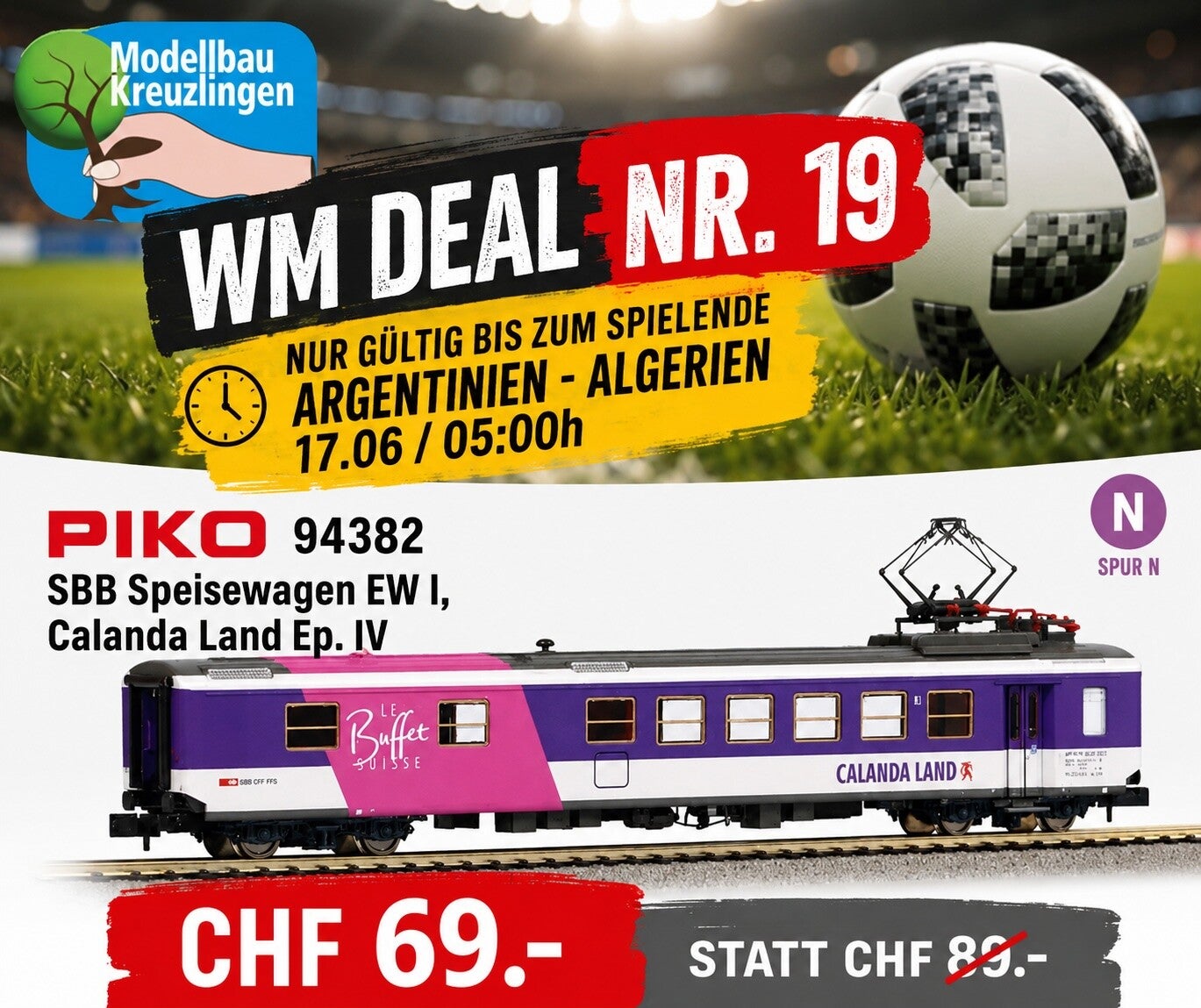 PIKO 94382 SBB Speisewagen EW I, Calanda Land Ep. IV Spur N