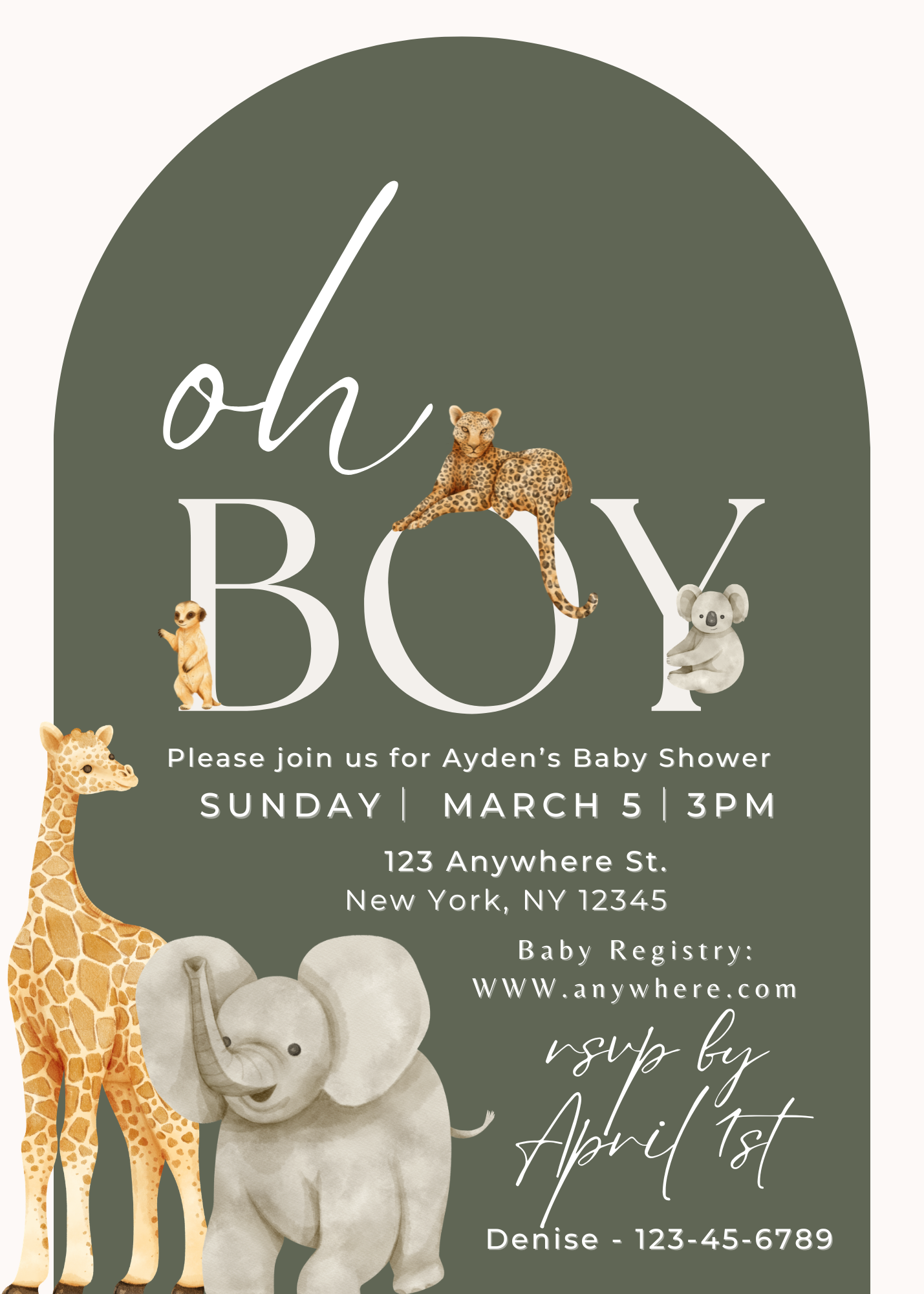 Oh Boy🌿 Safari Baby Shower Editable Canva Invitation