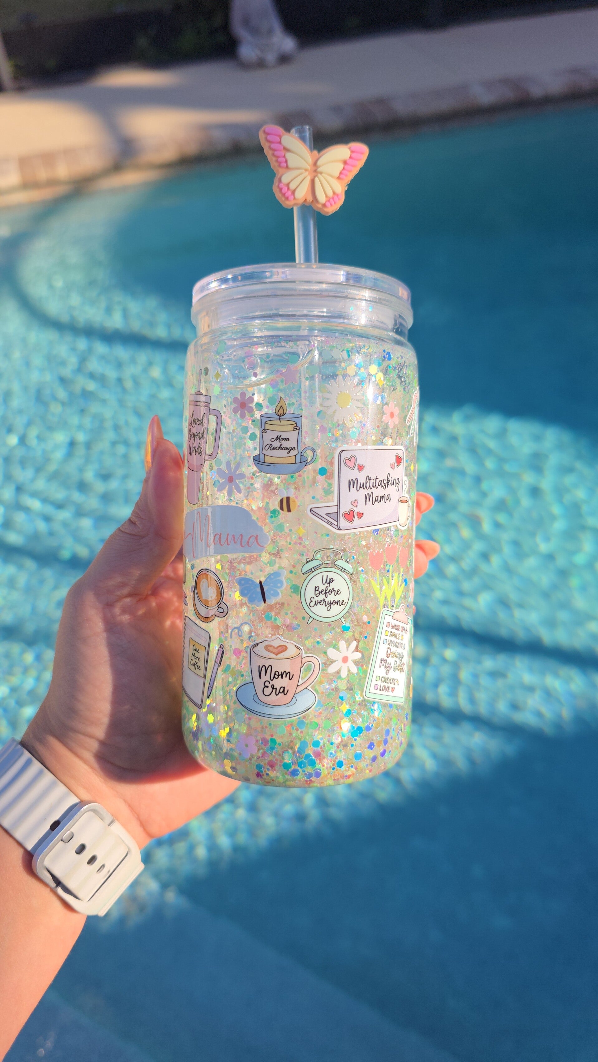 Mom does all things Slow Flow Glitter 16oz Plastic Snowglobe Tumbler