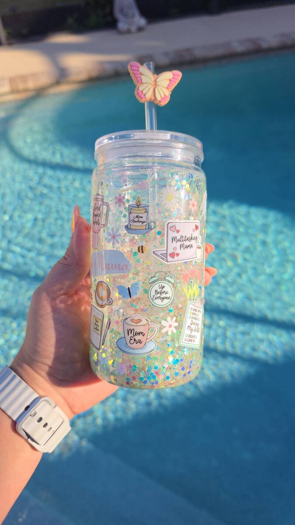Mom does all things Slow Flow Glitter 16oz Plastic Snowglobe Tumbler