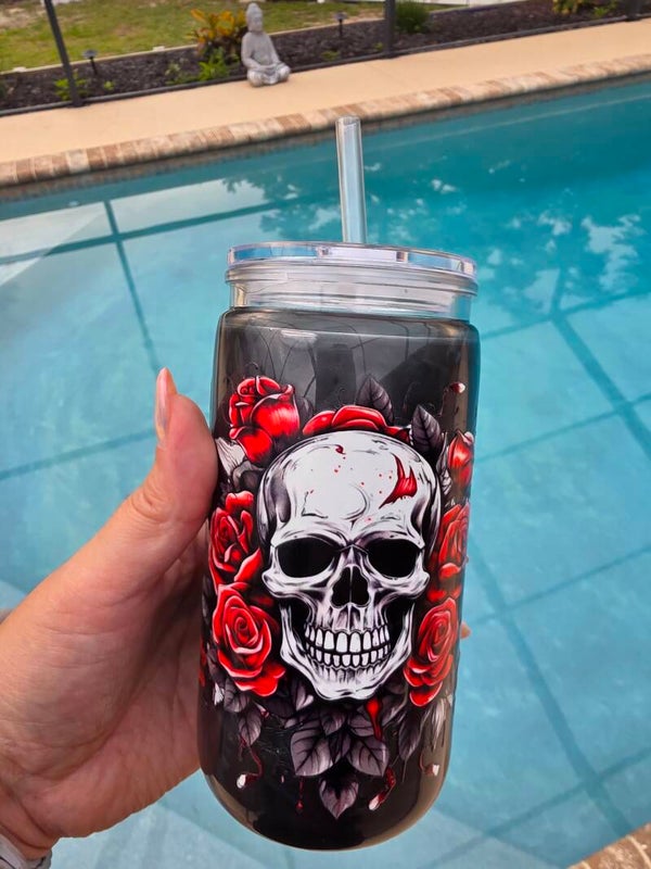 Skeleton/Rose "Mica" 16oz Plastic Snowglobe Tumbler
