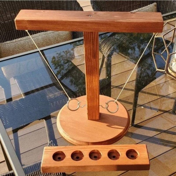 Ring and Hook Toss Game - Solid Wood Bar Game, Includes Shot Glass