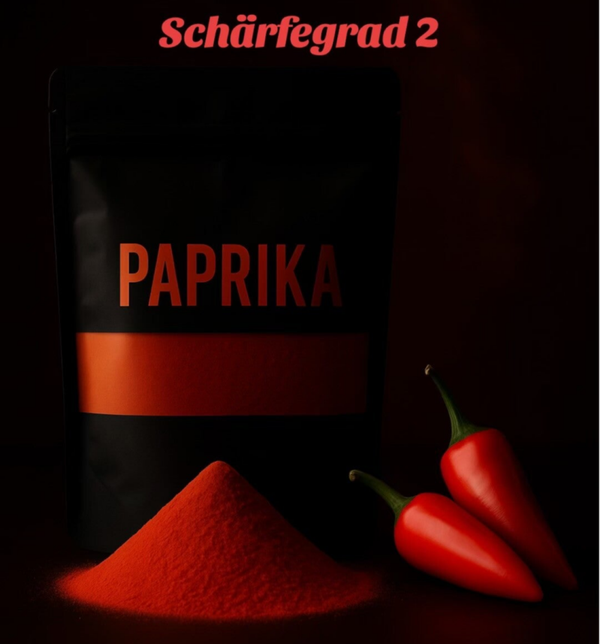 Paprika Pulver scharf (Pimentón Picante): mild, leicht pikant, ideal für Pizza, Pasta und mediterrane Gerichte.