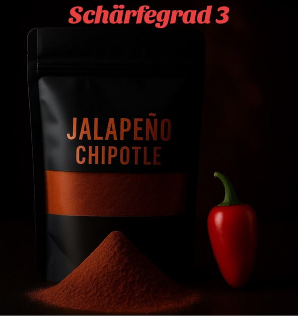 Jalapeño Chipotle Chilipulver: rauchig, leicht scharf, perfekt für BBQ, Tacos und Dips.