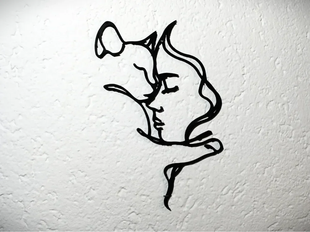 Objem Ženske in Mačke – Minimalistična Linijska 3D Stenska Dekoracija