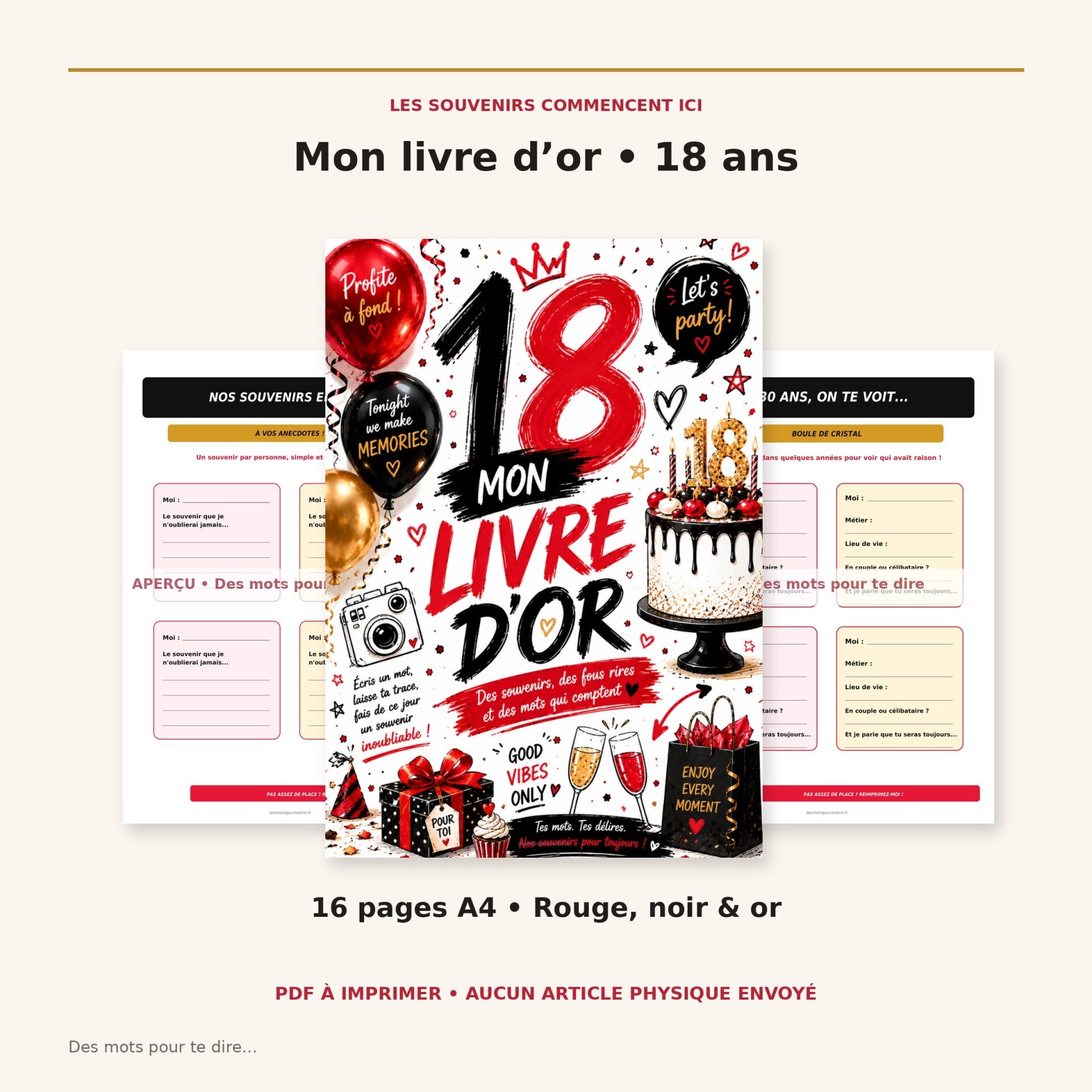 Livre d’or 18 ans à imprimer – Kit PDF rouge, noir et or