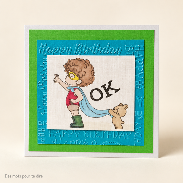 Carte d’anniversaire super-héros – Vert et turquoise – 15 × 15 cm