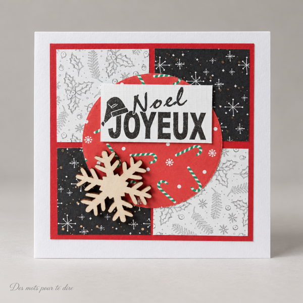 Carte de Noël artisanale – Flocon en bois et motifs festifs