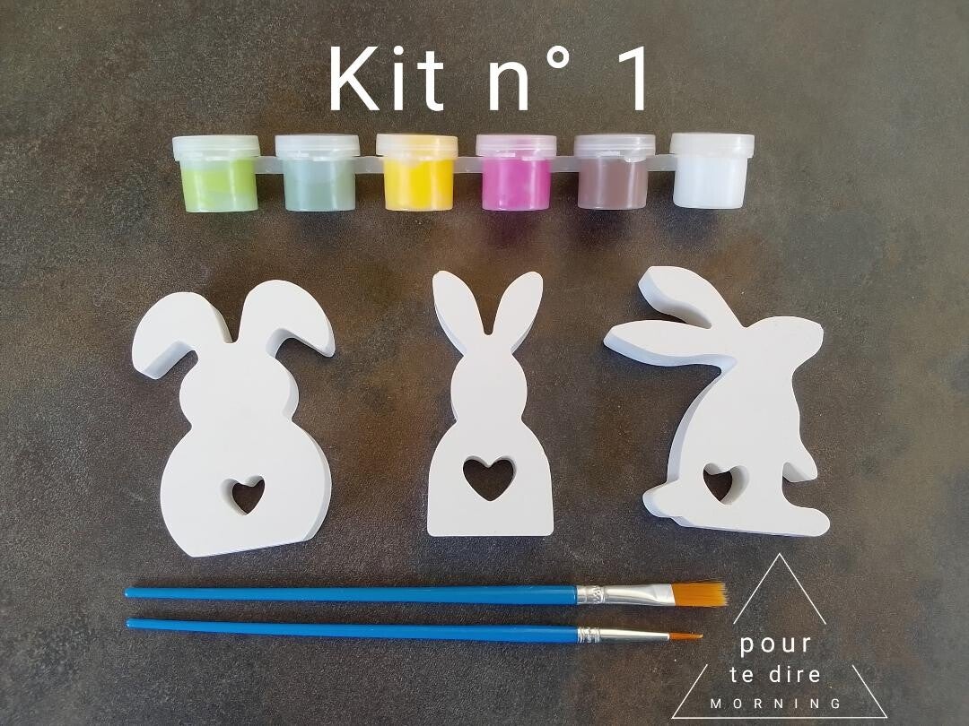 Lot de 3 figurines Lapin en plâtre à décorer, avec 6 godets de peinture et 2 pinceaux