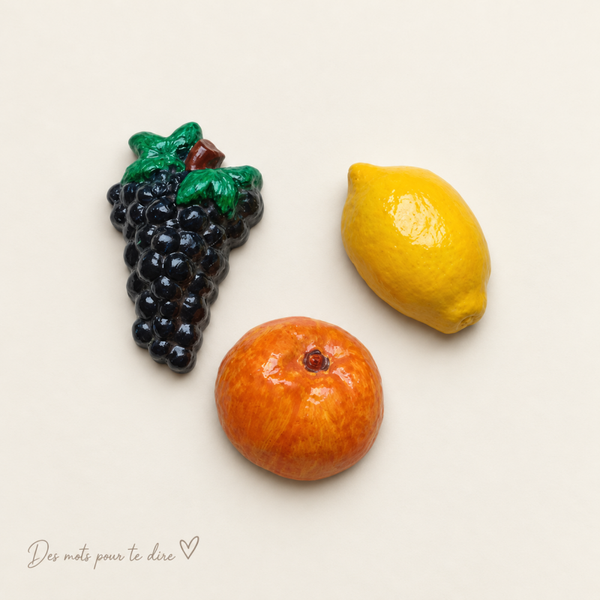 Lot de 3 aimants fruits en plâtre – Raisin, citron et orange