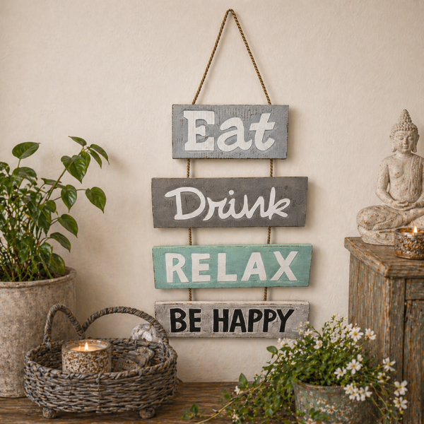 Houten Wandbord “Eat • Drink • Relax • Be Happy” – Boho stijl