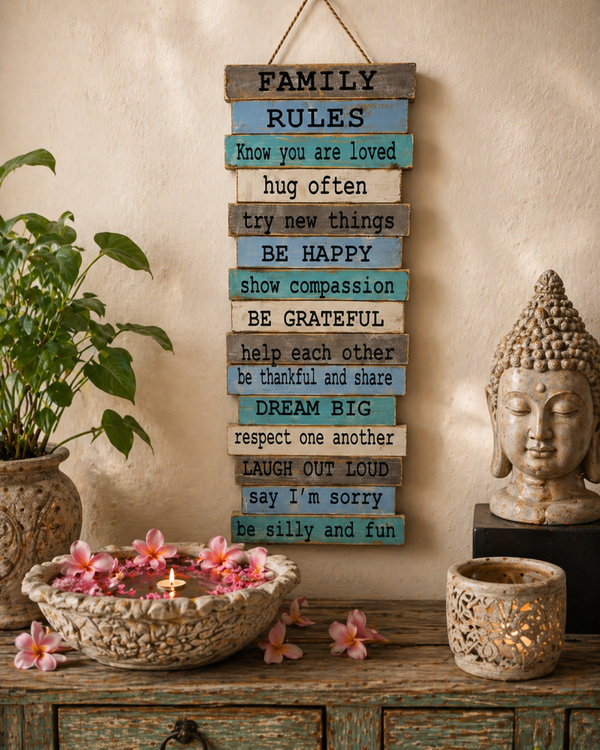 Houten Wandbord “Family Rules” – Boho Wanddecoratie (± 80 cm)