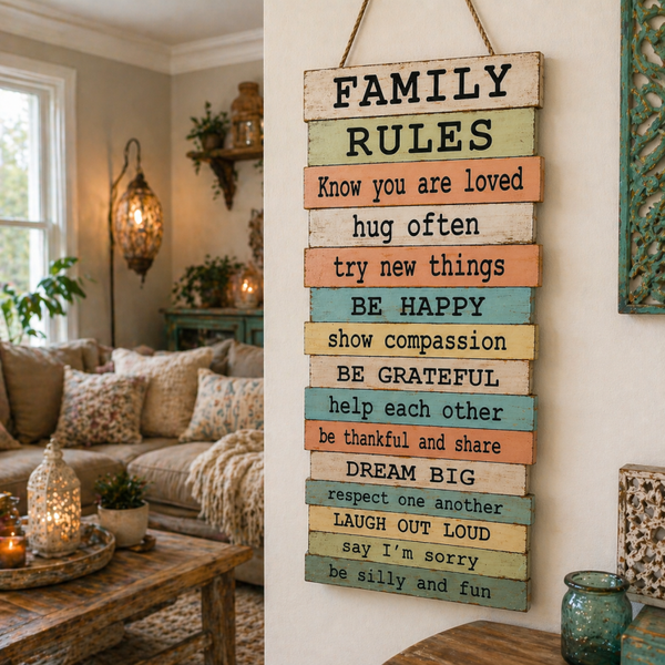 Family Rules wandbord - pastel hout / boho stijl