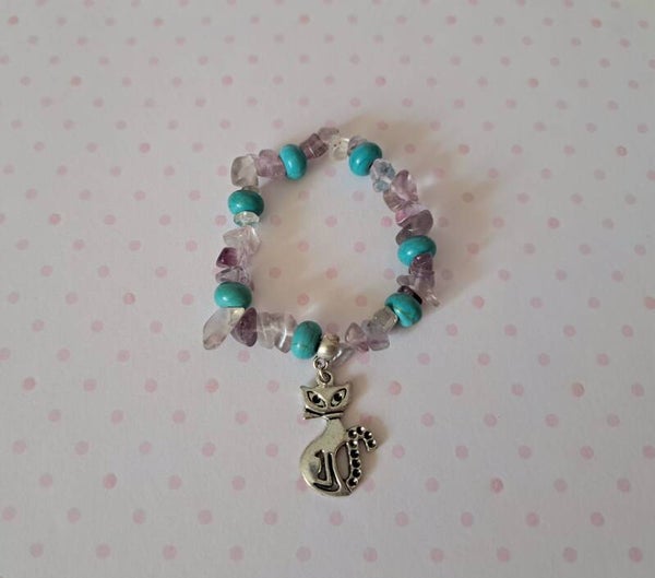 Pulsera turquesa y fluorita con gato