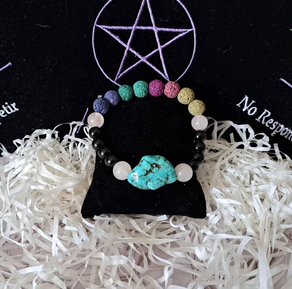 Pulsera turquesa con piedra volcánica cuarzo rosa y ónix
