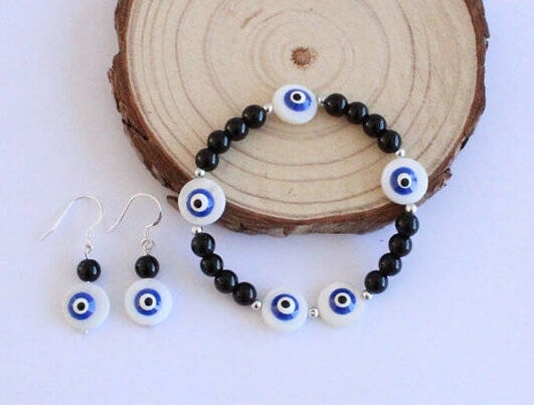 Conjunto de onix y ojo turco (pendientes en plata)