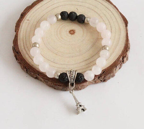 Pulsera de cuarzo rosa y piedras volcánicas