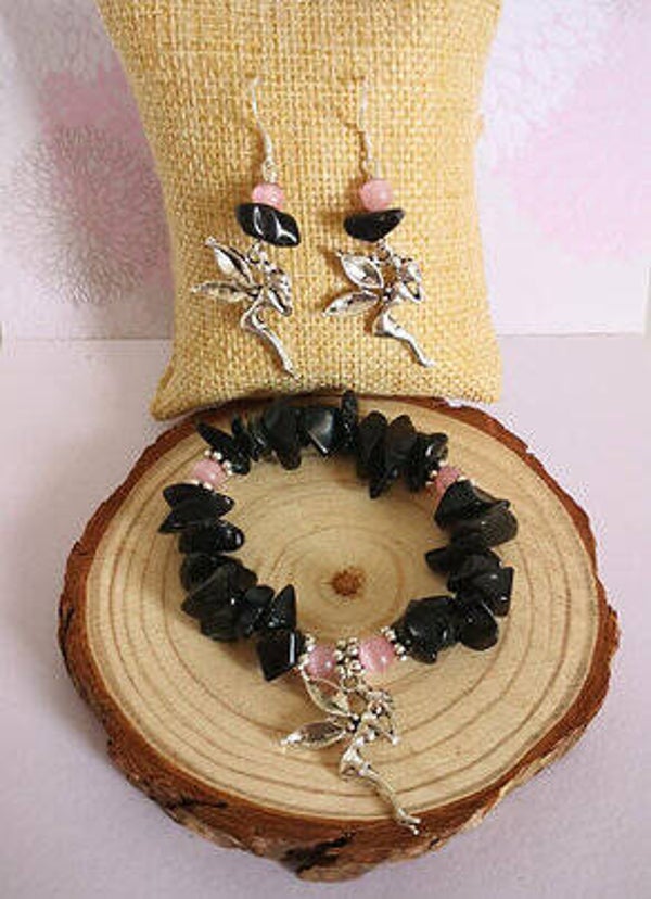 Conjunto hada con cuarzo ahumado y ojo de gato rosa (pendientes en plata)
