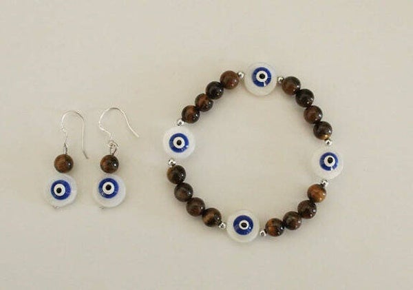 Conjunto de ojo turco y ojo de tigre (pendientes en plata)