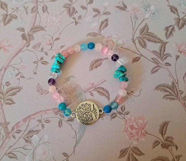 pulsera arbol de la abundancia con cuarzo rosa, agata, amatista y cuarzo cristal