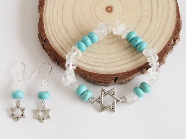 Conjunto estrella de david con turquesa y cuarzo cristal (pendientes en plata)