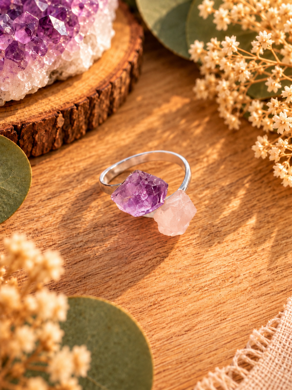 Anillo Ajustable de Plata de Ley 925 con Amatista y Cuarzo Rosa Natural en Bruto