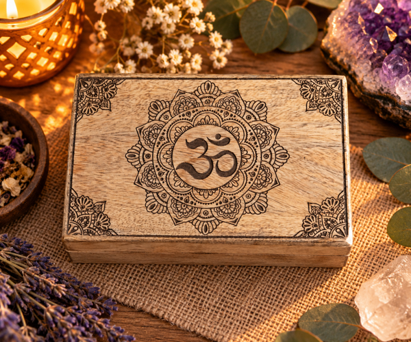 Caja de Madera Grande con Símbolo OM y Mandala
