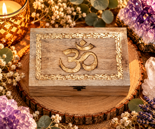 Caja de Madera con Símbolo OM Dorado