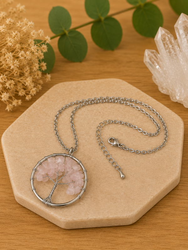 Colgante Árbol de la Vida con Cuarzo Rosa – Acero