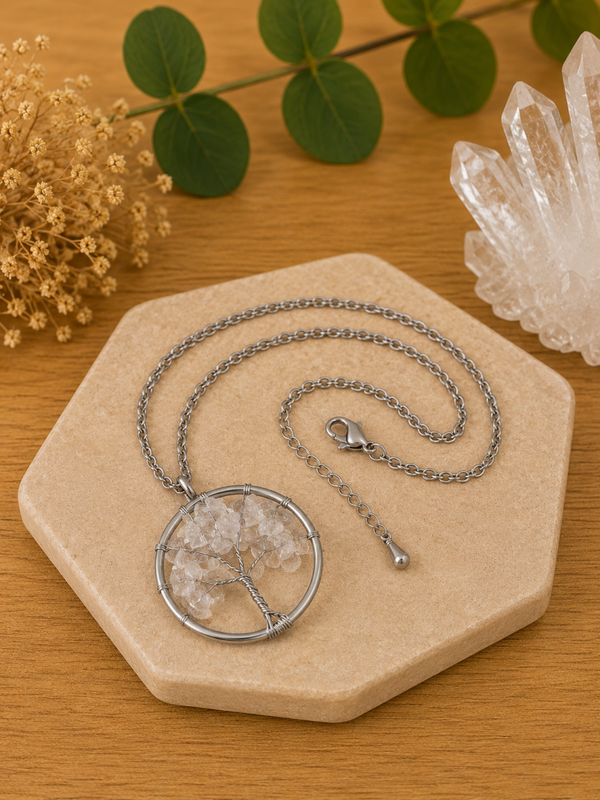 Colgante Árbol de la Vida con Cuarzo Cristal – Acero