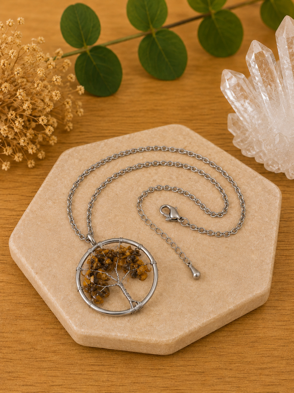 Colgante Árbol de la Vida con Ojo de Tigre – Acero