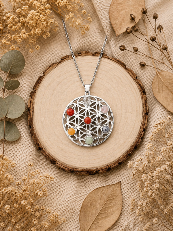 flor de la vida con piedras de los chakras