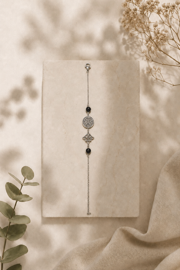Pulsera de Acero Doble Protección con Turmalina, Nudo de Brujas y Pentagrama