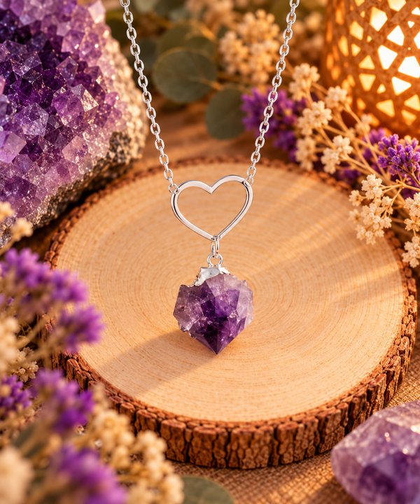 Collar de Amatista Natural en Bruto con Baño de Plata y Corazón