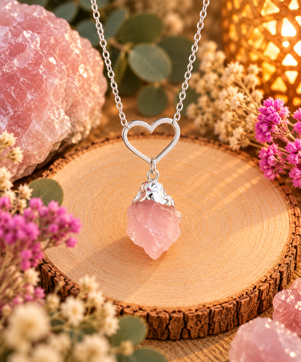 Collar de Cuarzo Rosa Natural en Bruto con Baño de Plata y Corazón