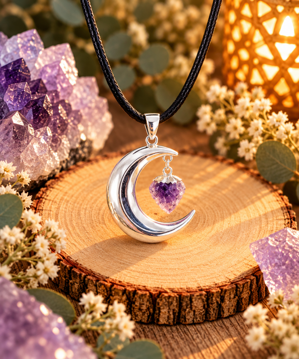 Colgante Luna Creciente con Amatista Natural en Bruto y Baño de Plata