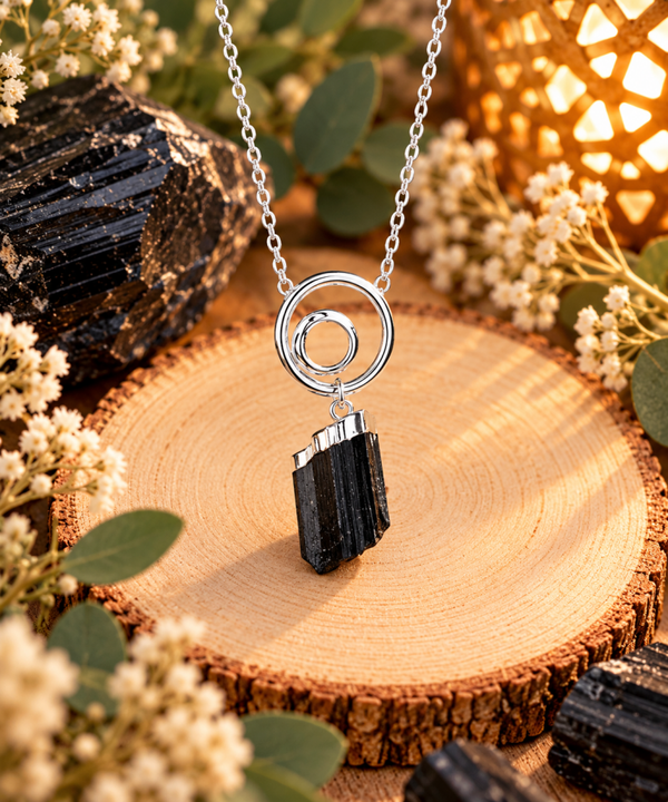 Collar de Turmalina Negra Natural con Baño de Plata