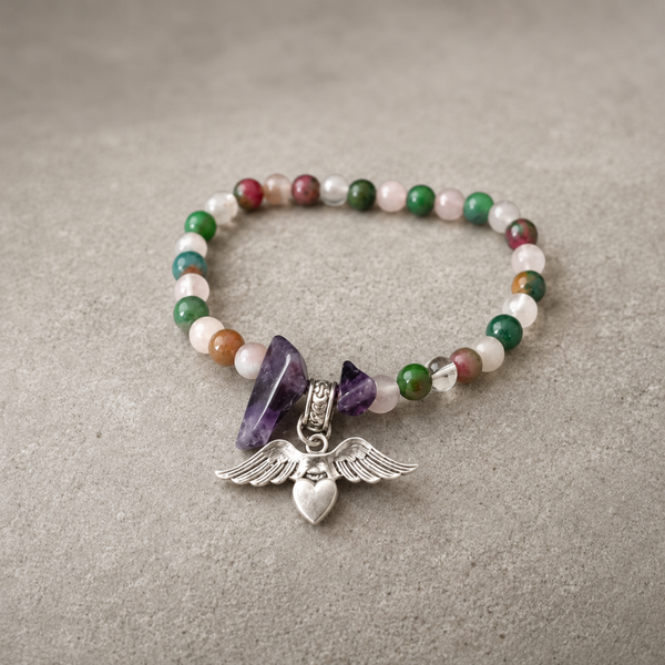 pulsera alas del universo con amatista. agata de india, c. cristal y rosa