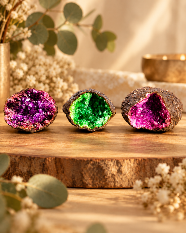 Geodas de Cuarzo Natural Teñido – Morado, Verde y Fucsia