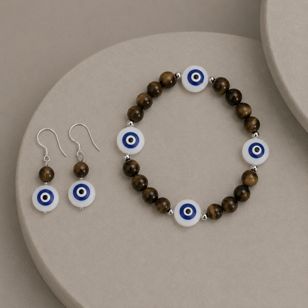 Conjunto de ojo turco y ojo de tigre (pendientes en plata)