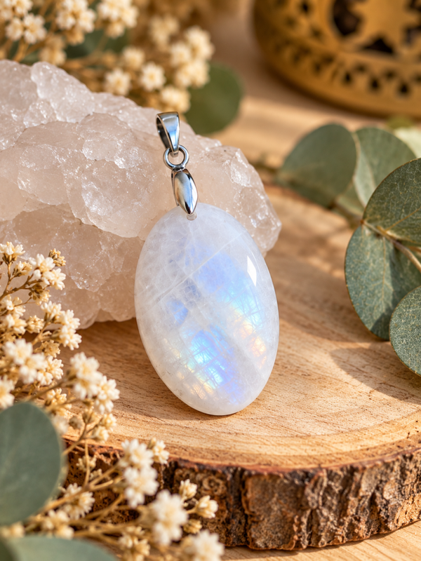 COLGANTES DE PIEDRA LUNA CON BAÑO DE PLATA  MOD1