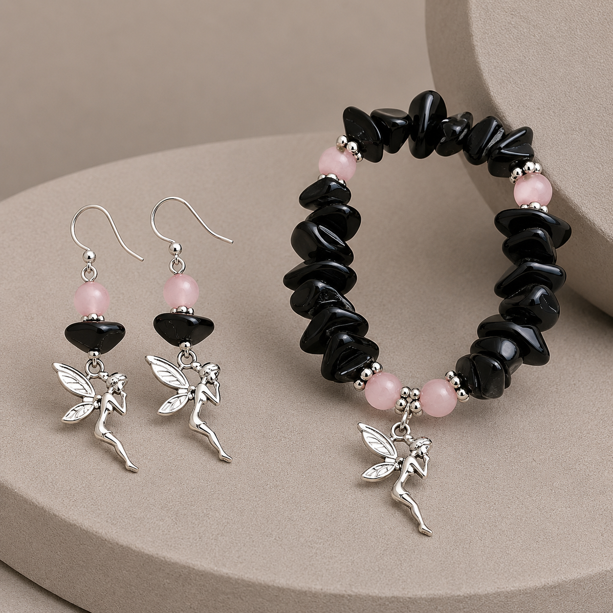 Conjunto Hada con cuarzo ahumado y ojo de gato rosa