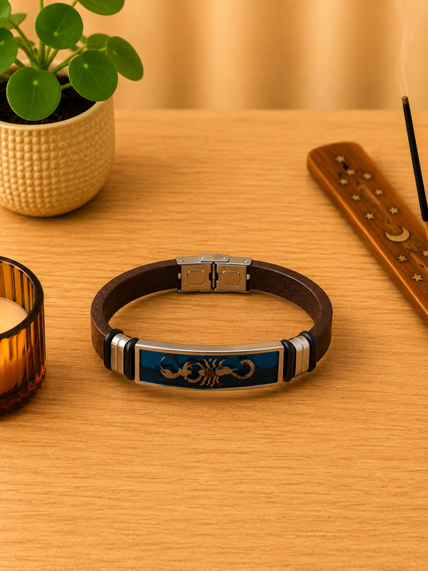 Pulsera de Cuero Marrón y Acero con Escorpión