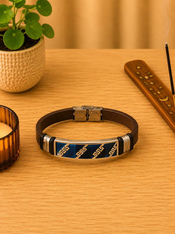 Pulsera de Cuero Marrón y Acero Inoxidable con Detalles Azules