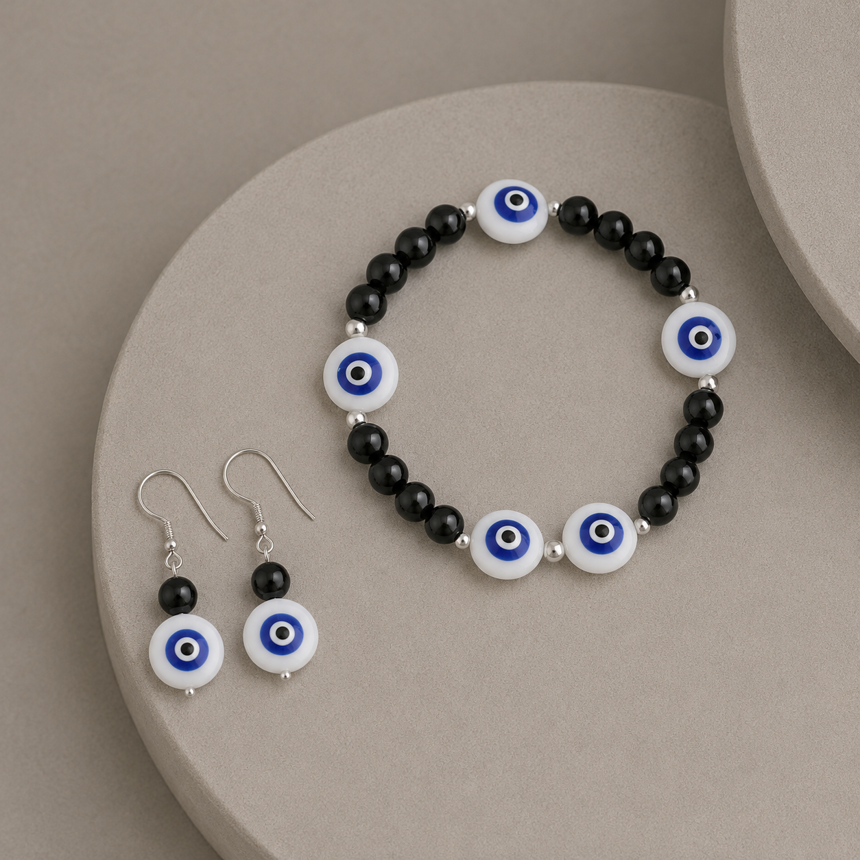 Conjunto de onix y ojo turco (pendientes en plata)