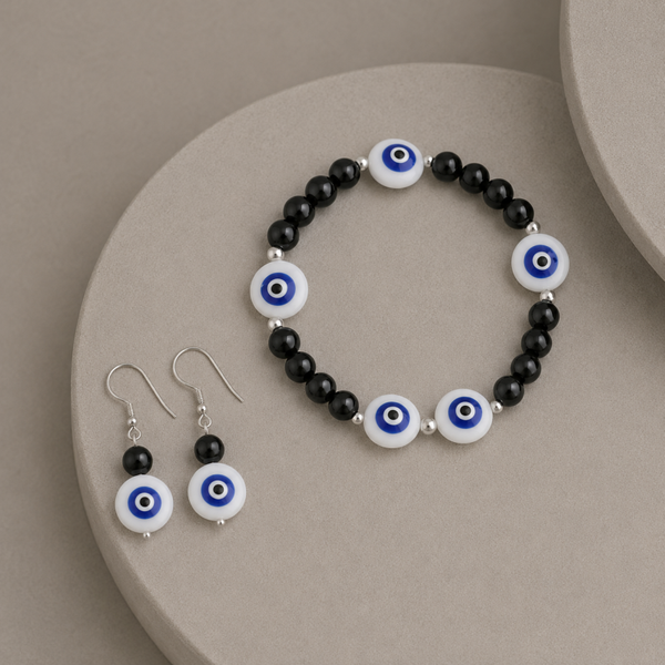 Conjunto de onix y ojo turco (pendientes en plata)