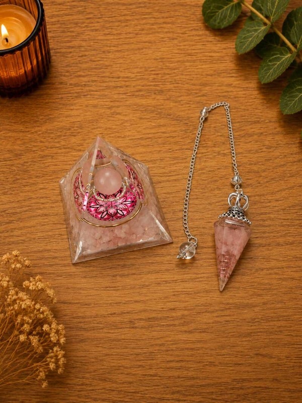 Set de Radiestesia en Cuarzo Rosa – Péndulo y Pirámide Energética