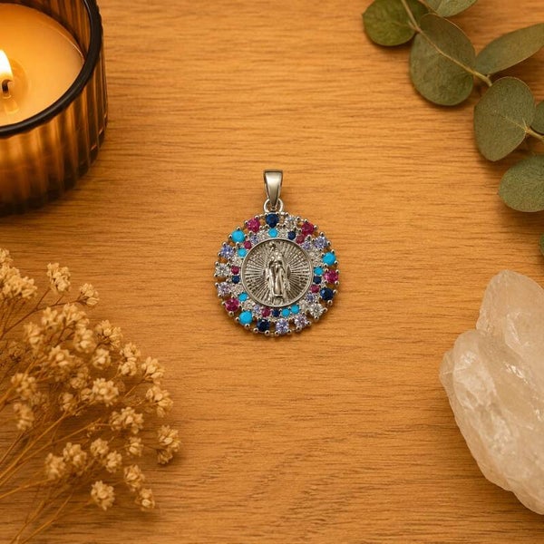 Colgante Virgen Milagrosa de Acero Inoxidable con Circonitas